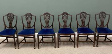 SET OF SIX REGENCY-STYLE MAHOGANY SHIELD BACK DINING CHAIRS, central pierced carved splat with