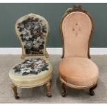TWO VICTORIAN SPOON BACK SALON CHAIRS, the first being gilt washed with beadwork upholstery back and