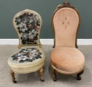 TWO VICTORIAN SPOON BACK SALON CHAIRS, the first being gilt washed with beadwork upholstery back and