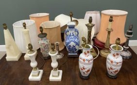 VARIOUS DECORATIVE TABLE LAMPS & SHADES, examples in alabaster, Corinthian column brass, silver