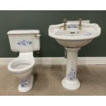 CHARLOTTE BRAND BLUE & WHITE CERAMIC PEDESTAL WASH BASIN WITH MATCHING CLOSE COUPLE TOILET AND