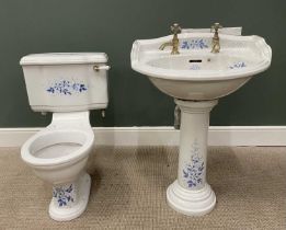 CHARLOTTE BRAND BLUE & WHITE CERAMIC PEDESTAL WASH BASIN WITH MATCHING CLOSE COUPLE TOILET AND