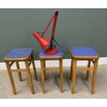 THREE MID CENTURY FABRIC SEATED STOOLS & A RED ANGLEPOISE LAMP, 61cms H, 32 x 32cms seats (the