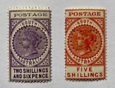 SOUTH AUSTRALIA - 2/6 and 5/- stamps SG 304 + 305 perforated OS, unmounted mint, high cat