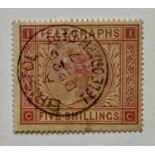 GREAT BRITAIN FINE USED TELEGRAPH STAMPS - 1/ green plate 4, cat £55, 5/ rose plate, cat £200, SG T8