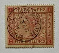 GREAT BRITAIN FINE USED TELEGRAPH STAMPS - 1/ green plate 4, cat £55, 5/ rose plate, cat £200, SG T8