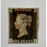 PENNY BLACK, VERY FINE USED EXAMPLE - WITH 4 MARGINS LETTER ('E' 'J'), cancelled with red Maltese