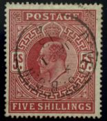 GB SUPERB USED 5/-, SG No. 318, Dover Street circular date stamp