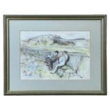 ‡ WILL ROBERTS mixed media - untitled, figures sat on a harbour wall, signed with initials, 20 x