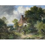 VICTORIAN WELSH SCHOOL oil on board – Elizabethan farmstead and figures, circa 1840, unsigned, 23