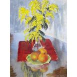 ‡ JACK JONES gouache - untitled, still life, flowers in a vase with fruit, signed and dated '61,