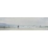 ‡ GARETH THOMAS watercolour - untitled, coastal scene with beached fishing boats, signed, 15 x 54cms