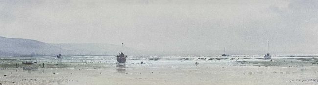 ‡ GARETH THOMAS watercolour - untitled, coastal scene with beached fishing boats, signed, 15 x 54cms
