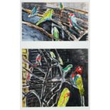 ‡ EMRYS WILLIAMS mixed media diptych on paper - untitled, aviary of exotic birds, part of series