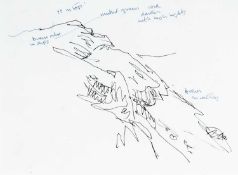 ‡ SIR KYFFIN WILLIAMS RA preliminary pen on paper sketch - mountain landscape with annotations, 19 x