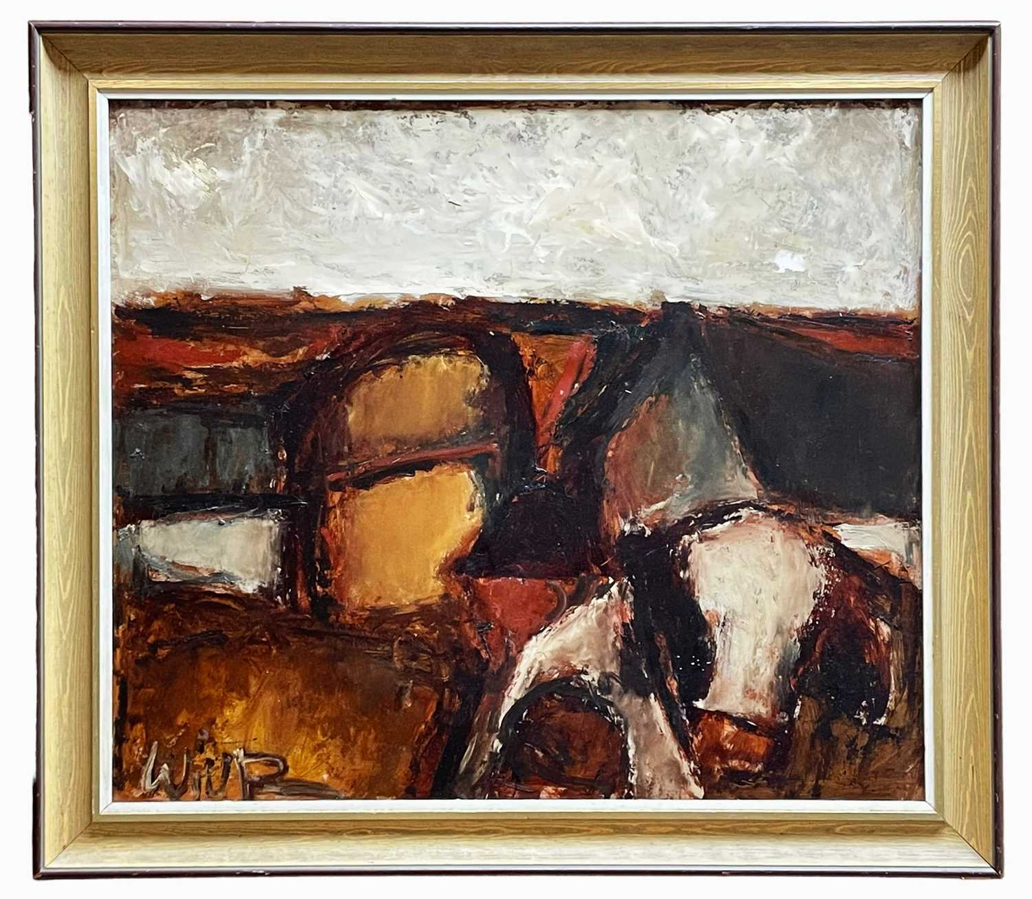 ‡ WILL ROBERTS oil on board - entitled verso in artist's hand 'Farm, Farmer & Cow' and dated 1978, - Image 2 of 2