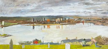 RICHARD O'CONNELL oil on board - entitled verso, 'Cardiff Bay' signed and dated verso 1985, 29.5 x