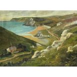 WALTER W GODDARD oil on canvas - untitled, a coastal scene with mountain top houses and figures on