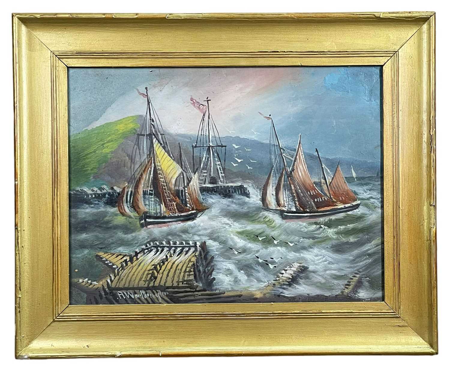 ALFRED WORTHINGTON oil on board - squally Aberystwyth harbour with sail-boats, signed, 32 x 42cms - Image 2 of 2