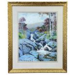 JOHN McDOUGAL watercolour - Eryri (Snowdonia) landscape with river and waterfall, signed and dated