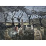 ‡ GEORGE CHAPMAN gouache on paper mounted to board - churchyard scene with gravestones and line of