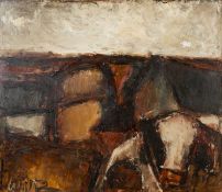 ‡ WILL ROBERTS oil on board - entitled verso in artist's hand 'Farm, Farmer & Cow' and dated 1978,