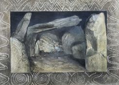 ‡ KEITH ANDREW watercolour – Neolithic burial chamber within stylized border, possible Bryn Celli