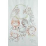 ‡ ANDREW VICARI colour print - untitled, two cricketers and five children, personally signed and
