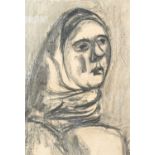 ‡ JOSEF HERMAN OBE RA charcoal on paper - head-portrait of female in head-scarf, entitled verso 'The