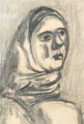 ‡ JOSEF HERMAN OBE RA charcoal on paper - head-portrait of female in head-scarf, entitled verso 'The