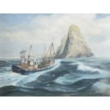 ‡ DEREK SCOTT oil on canvas - entitled verso 'Trawler near Worms Head', signed and dated verso 1988,