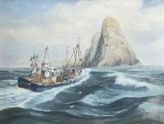 ‡ DEREK SCOTT oil on canvas - entitled verso 'Trawler near Worms Head', signed and dated verso 1988,