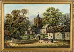 ALFRED WORTHINGTON oil on board - Llanbadarn Fawr Church and the historic 'Black Lion Inn' with