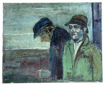 WELSH SCHOOL oil on canvas - untitled, two farmers, manner of Karel Lek, unsigned, 65 x 81cms