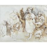 ‡ ANEURIN M JONES inkwash and pencil - group of farmers, farmer's wives and poultry, signed, 28 x