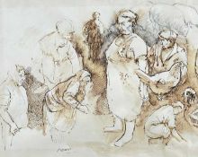 ‡ ANEURIN M JONES inkwash and pencil - group of farmers, farmer's wives and poultry, signed, 28 x