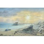 ‡ DEREK SCOTT oil on canvas - untitled, Mumbles pier with beached fishing boat, signed, signed and