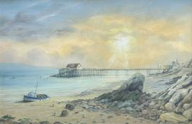 ‡ DEREK SCOTT oil on canvas - untitled, Mumbles pier with beached fishing boat, signed, signed and