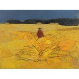 ‡ JOHN ELWYN oil on board - figure standing in cornfield, entitled verso 'Girl in a Cornfield',