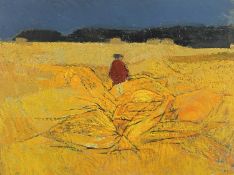 ‡ JOHN ELWYN oil on board - figure standing in cornfield, entitled verso 'Girl in a Cornfield',