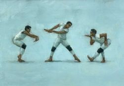 CARL CHAPPLE oil on board - entitled 'Yasset Roldan (Ballet Cymru rehearsal)', dancer in three