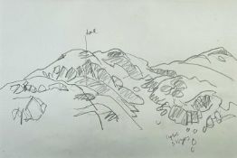 ‡ SIR KYFFIN WILLIAMS RA preliminary pencil sketch - mountain range with annotations, 22 x 33cms