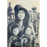 ‡ ANDREW VICARI print - coal miner and family, pit winding gear, signed and dated '72, 50 x 35cms