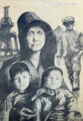‡ ANDREW VICARI print - coal miner and family, pit winding gear, signed and dated '72, 50 x 35cms