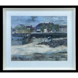 UNKNOWN TWENTIETH CENTURY WELSH SCHOOL oil on board - harbour village with boats and figures, signed