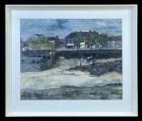 UNKNOWN TWENTIETH CENTURY WELSH SCHOOL oil on board - harbour village with boats and figures, signed