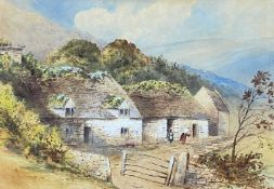 VICTORIAN WELSH SCHOOL watercolour – upland farm and figures, possibly Betws-y-Coed group, unsigned,