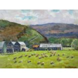 ‡ KEITH GARDNER oil on board - entitled verso 'Farm, Near Corwen its Hay Day', signed, 22 x 29cms,