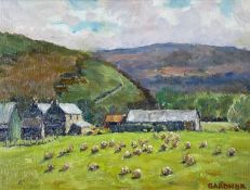 ‡ KEITH GARDNER oil on board - entitled verso 'Farm, Near Corwen its Hay Day', signed, 22 x 29cms,