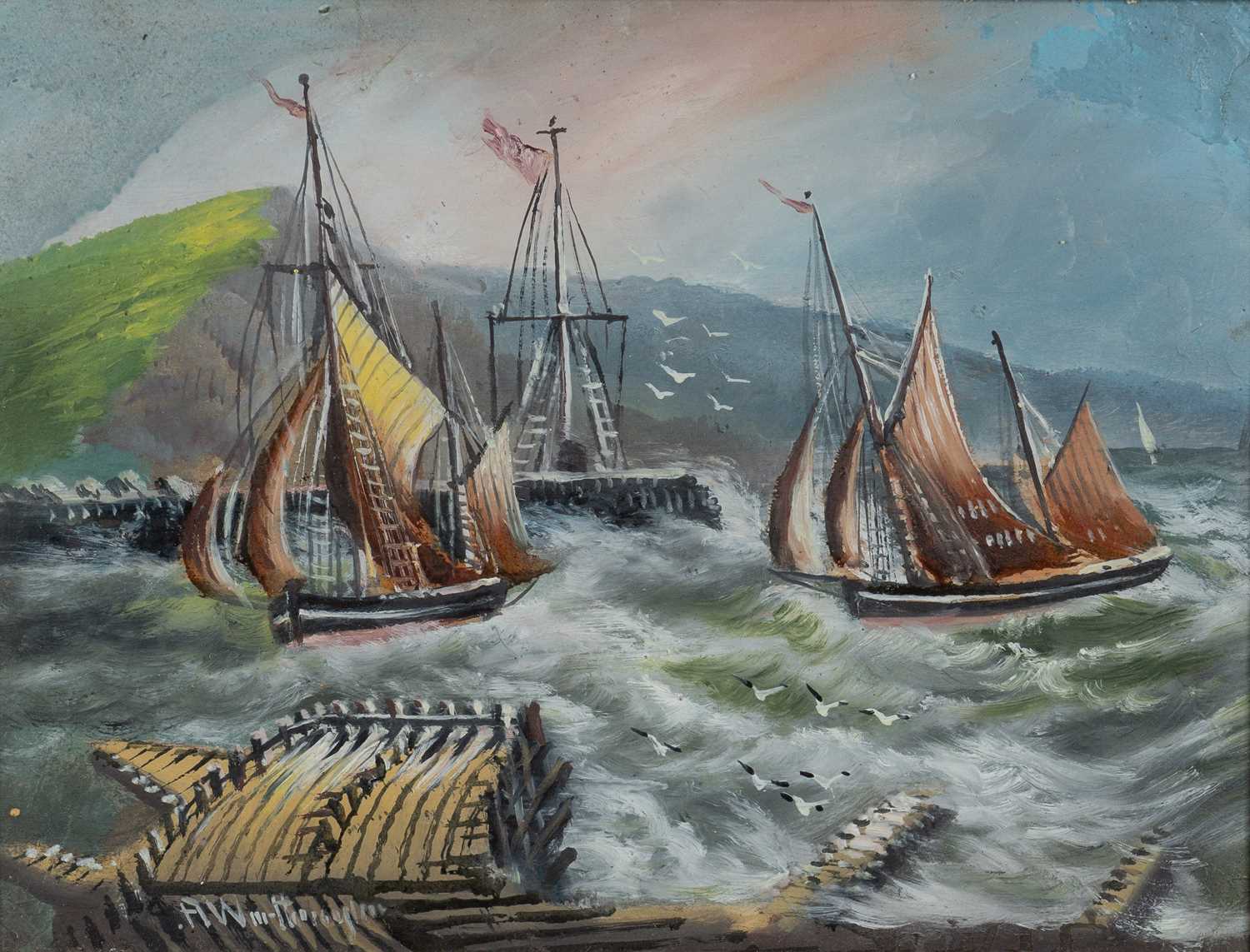 ALFRED WORTHINGTON oil on board - squally Aberystwyth harbour with sail-boats, signed, 32 x 42cms